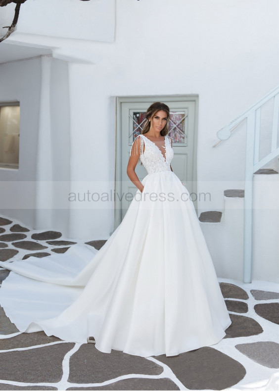 Beaded White Satin Lace Fringe Wedding Dress